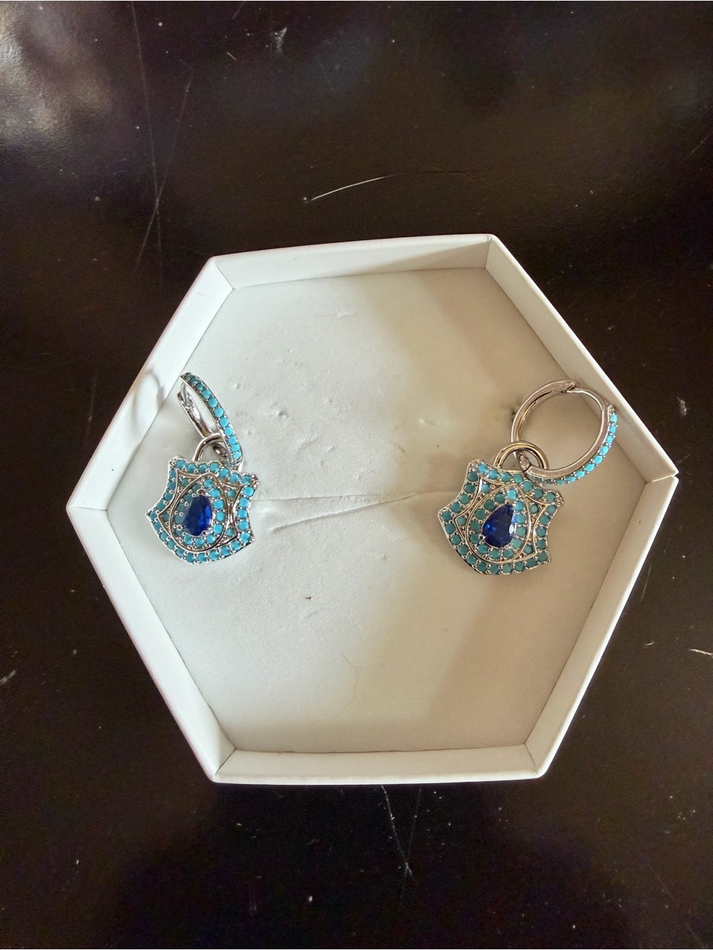 Burma Blue Spinel and Sapphire on Rhodium Hoops